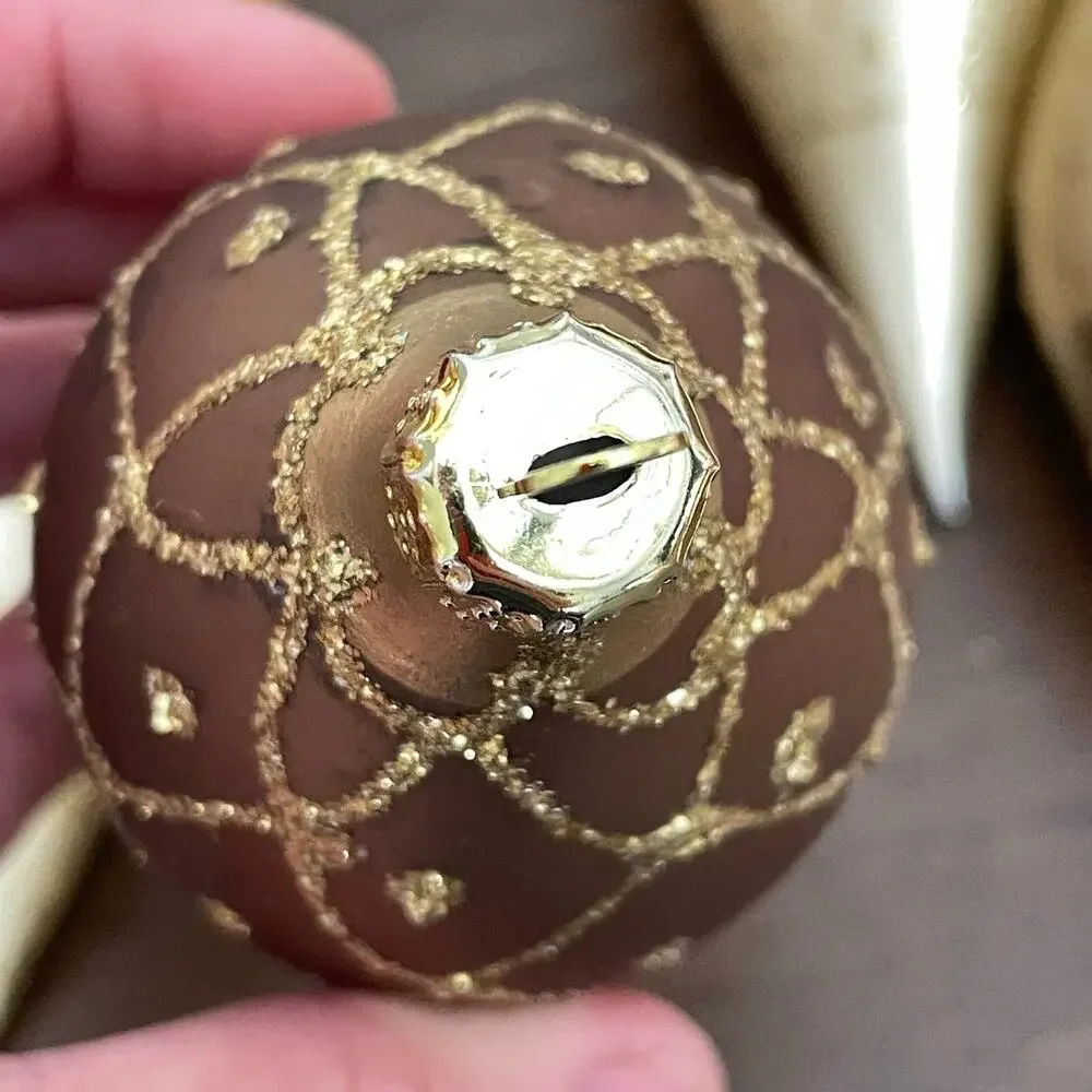 Hand Blown Gold Fluted Ornaments Glitter Lot of 6 Vtg Large Teardrop READ